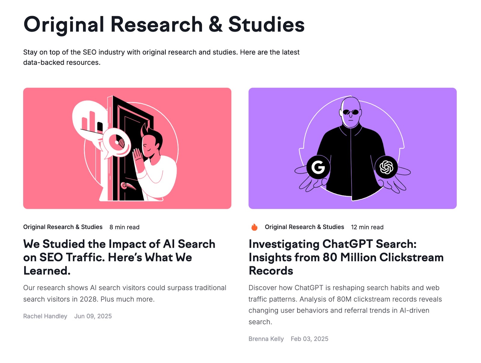 Original Research & Studies page by Semrush showing content with unique insights that can't be found anywhere else.