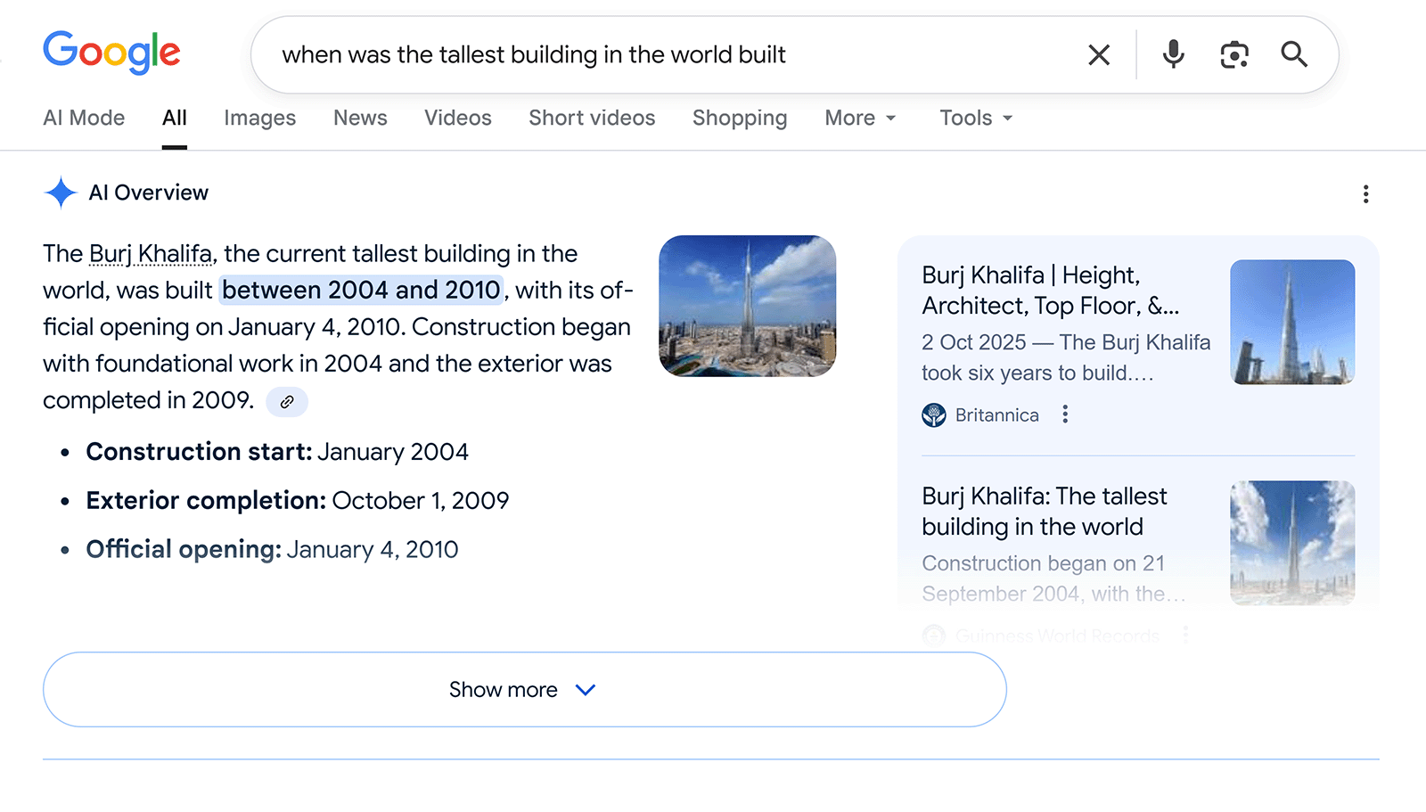 Google search result showing AI Overview answer about Burj Khalifa construction timeline and completion dates.