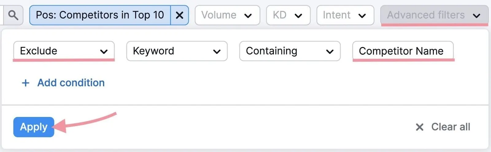 Advanced filter set to exclude keywords containing a competitor's name.