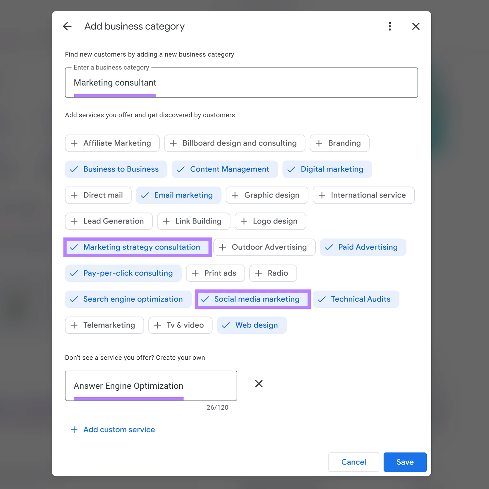 Business category set to Marketing consultant with multiple services selected.