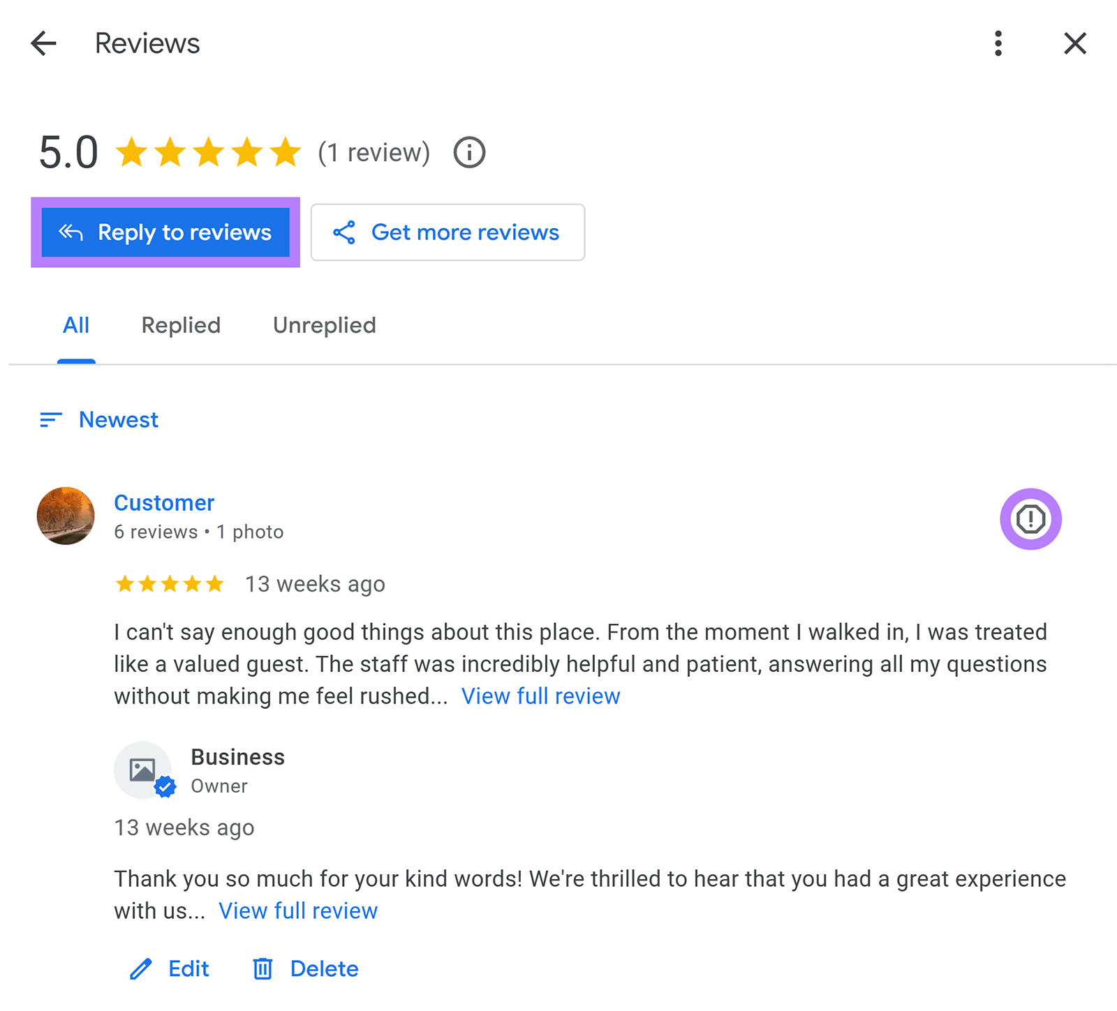 Google Business reviews page showing a 5-star review, business owner reply, and a button to reply to reviews