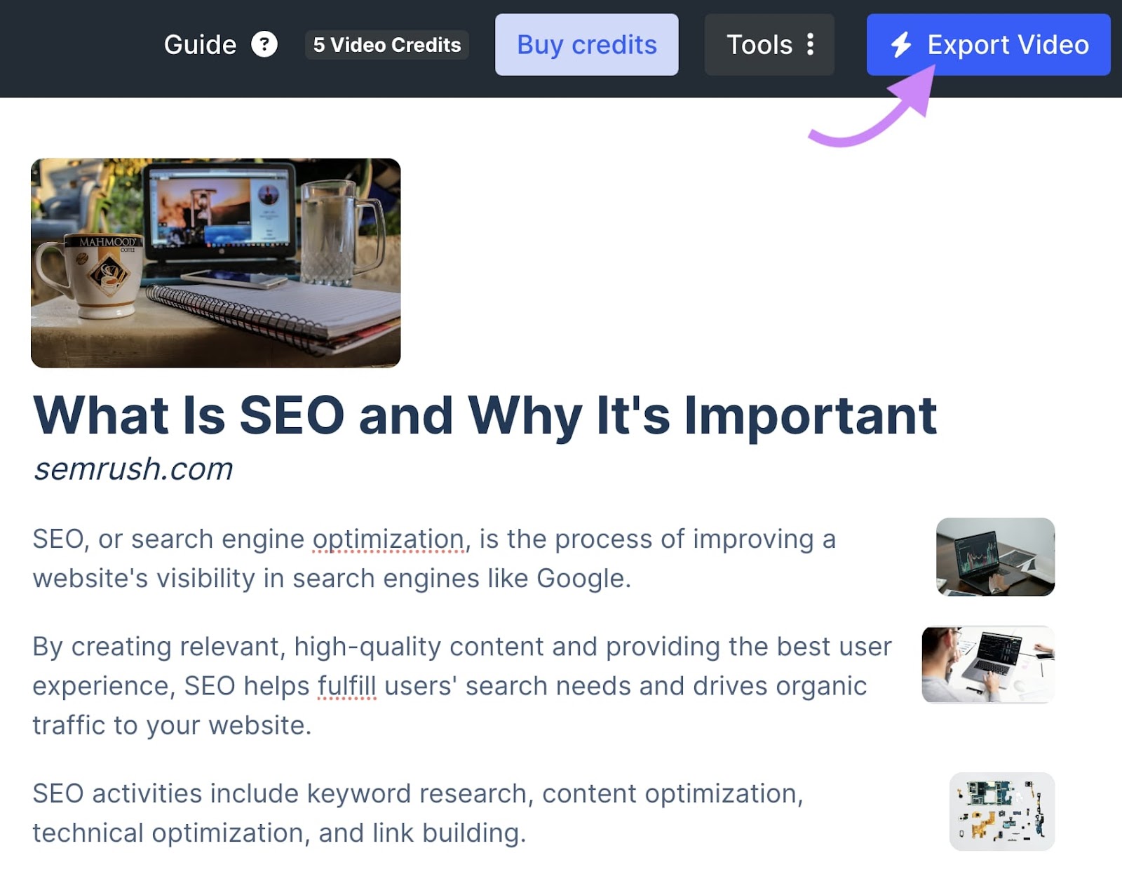 "Export Video" button highlighted in the top right corner of Instant Video Creator generated video page