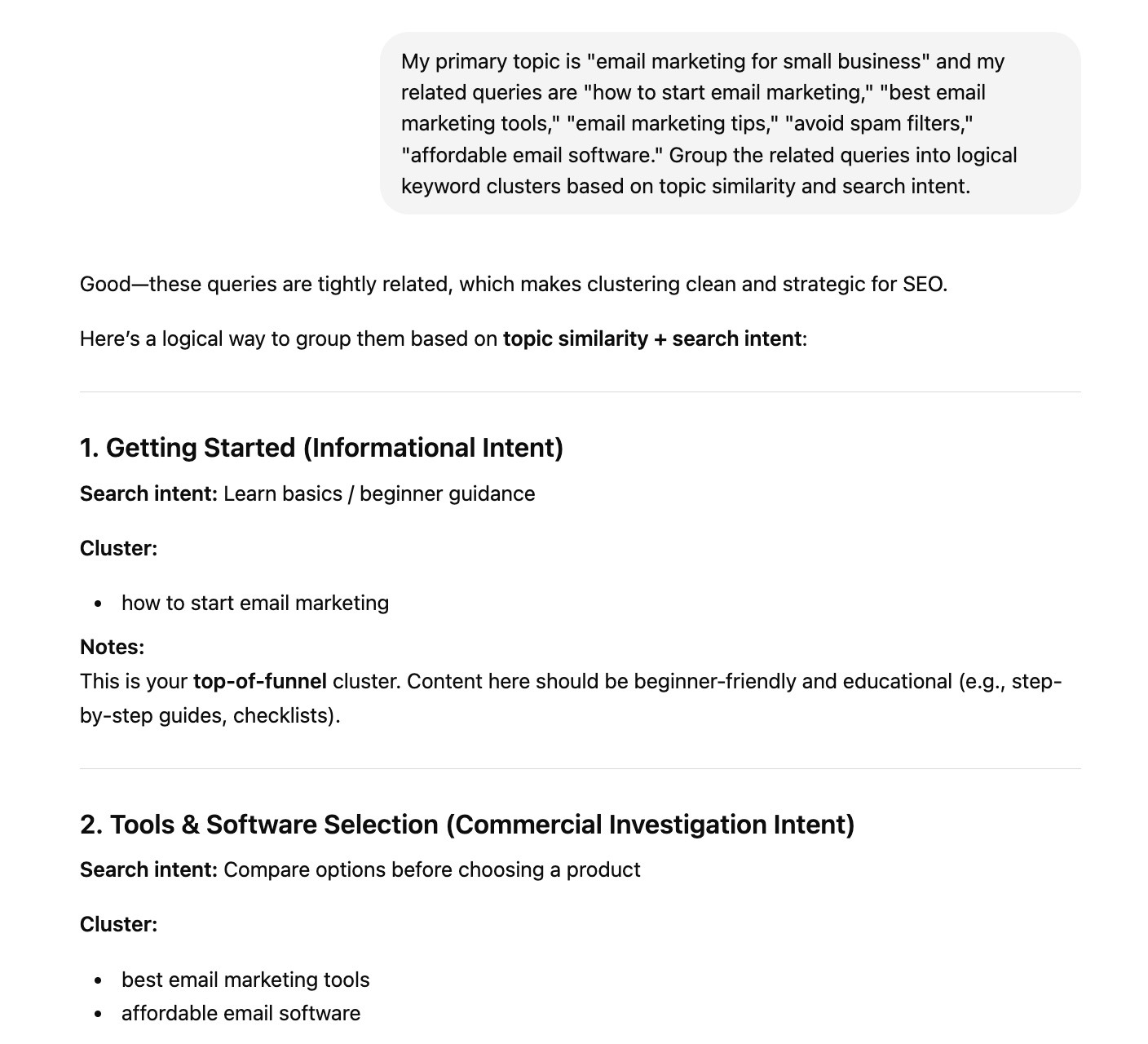 A prompt to create keyword clusters based on a primary topic and related queries along with the response on ChatGPT.