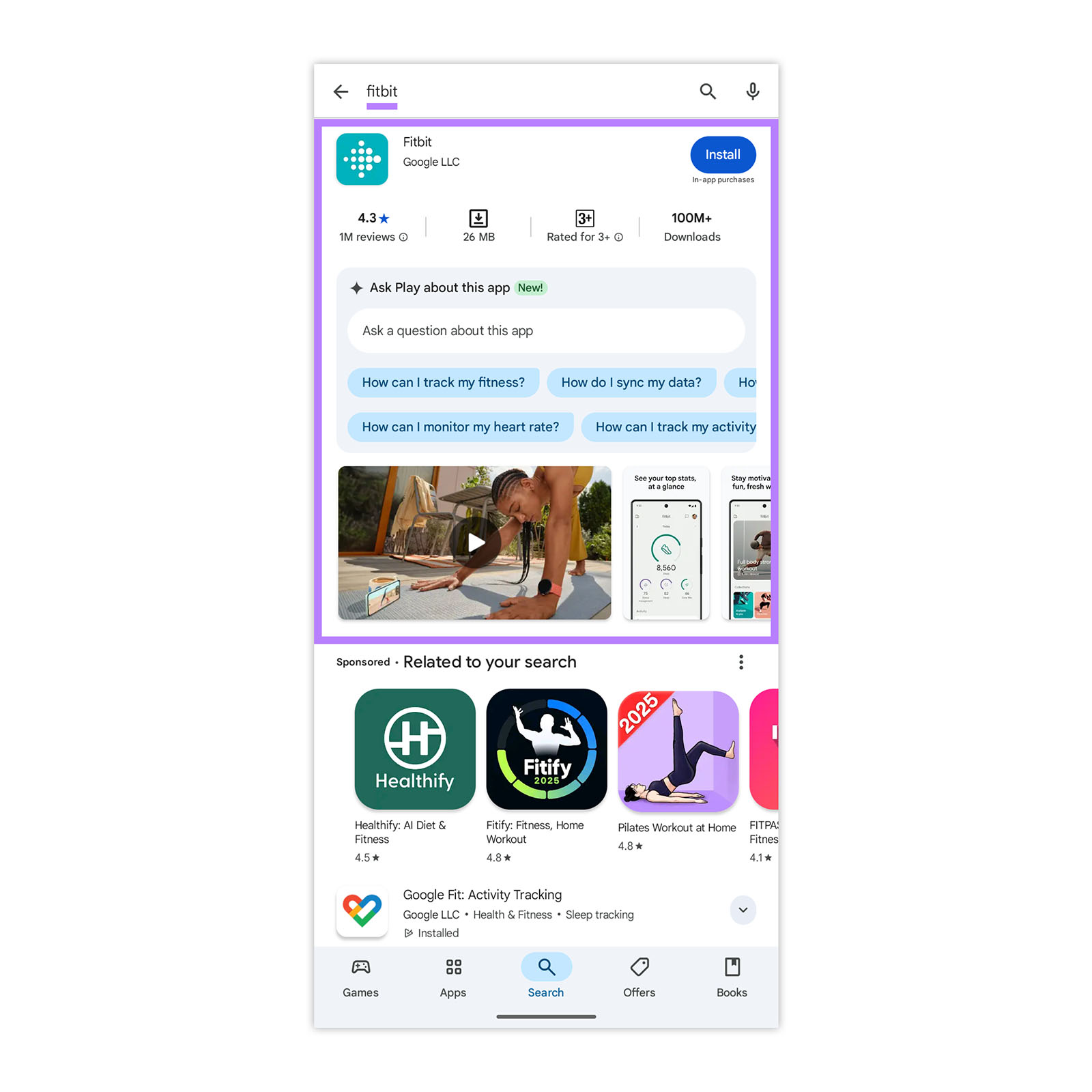 Google Play Store search results for Fitbit app showing star rating, install button, app info, and related search suggestions