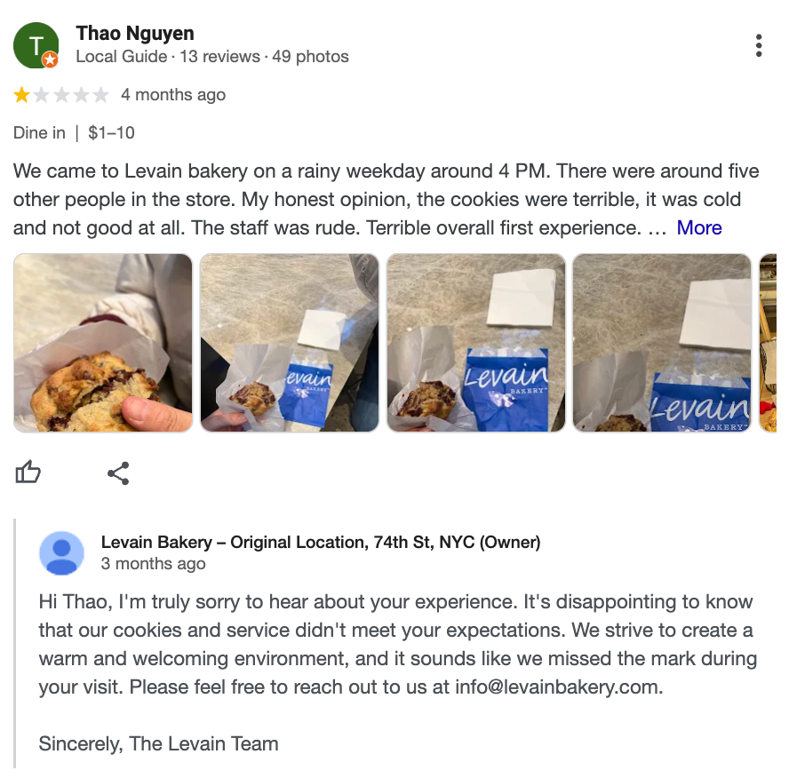 Levain Bakery negative customer review reply.