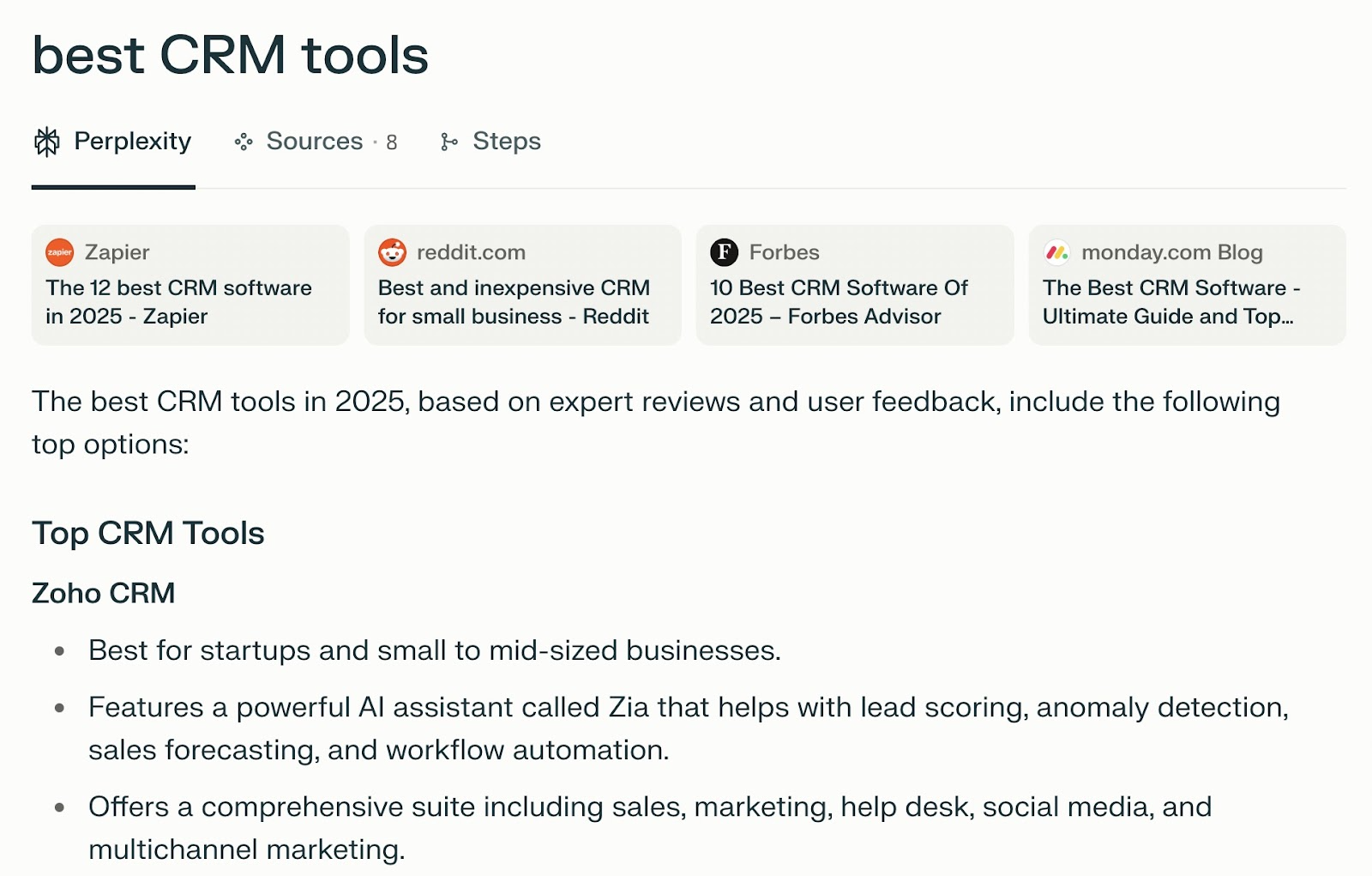 Perplexity using different listicles and a Reddit post as sources to recommend Zoho as the best CRM tool.