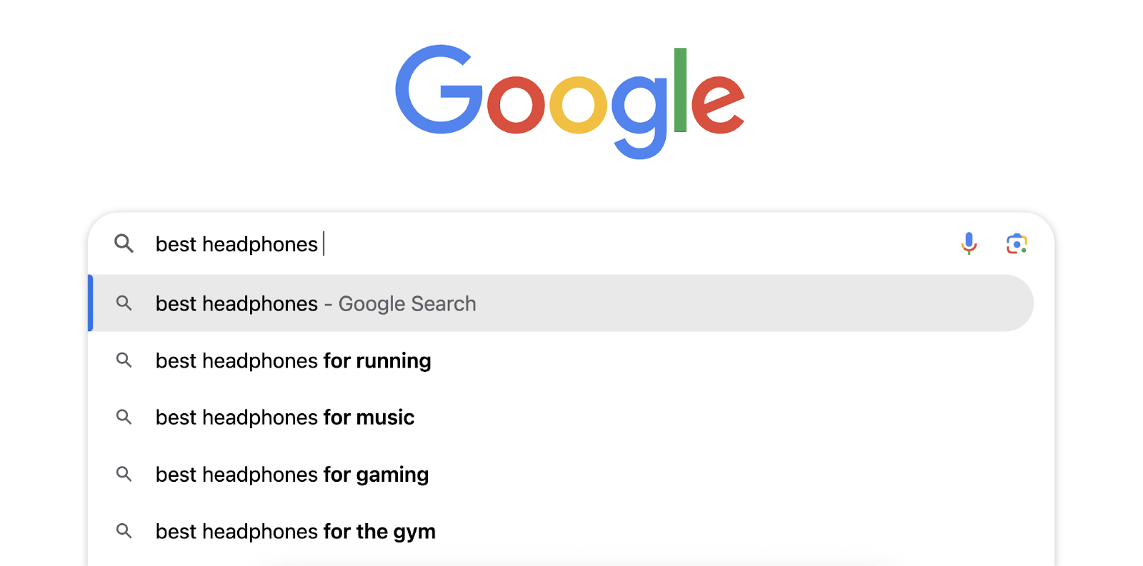 Autocomplete suggestions for "best headphones" include "for running," "for music," "for gaming," and more.