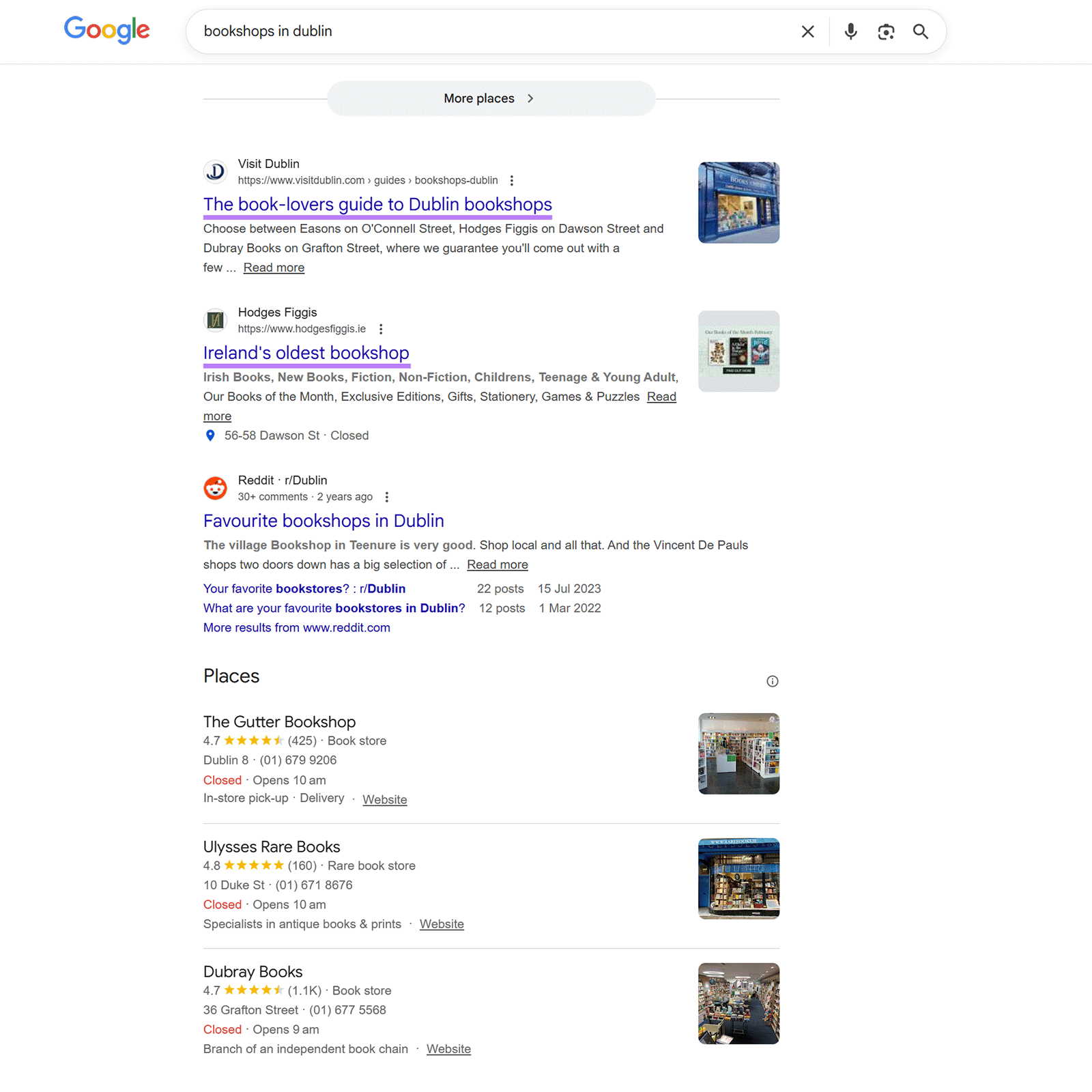Organic search results with business listings and links for bookshops in Dublin.