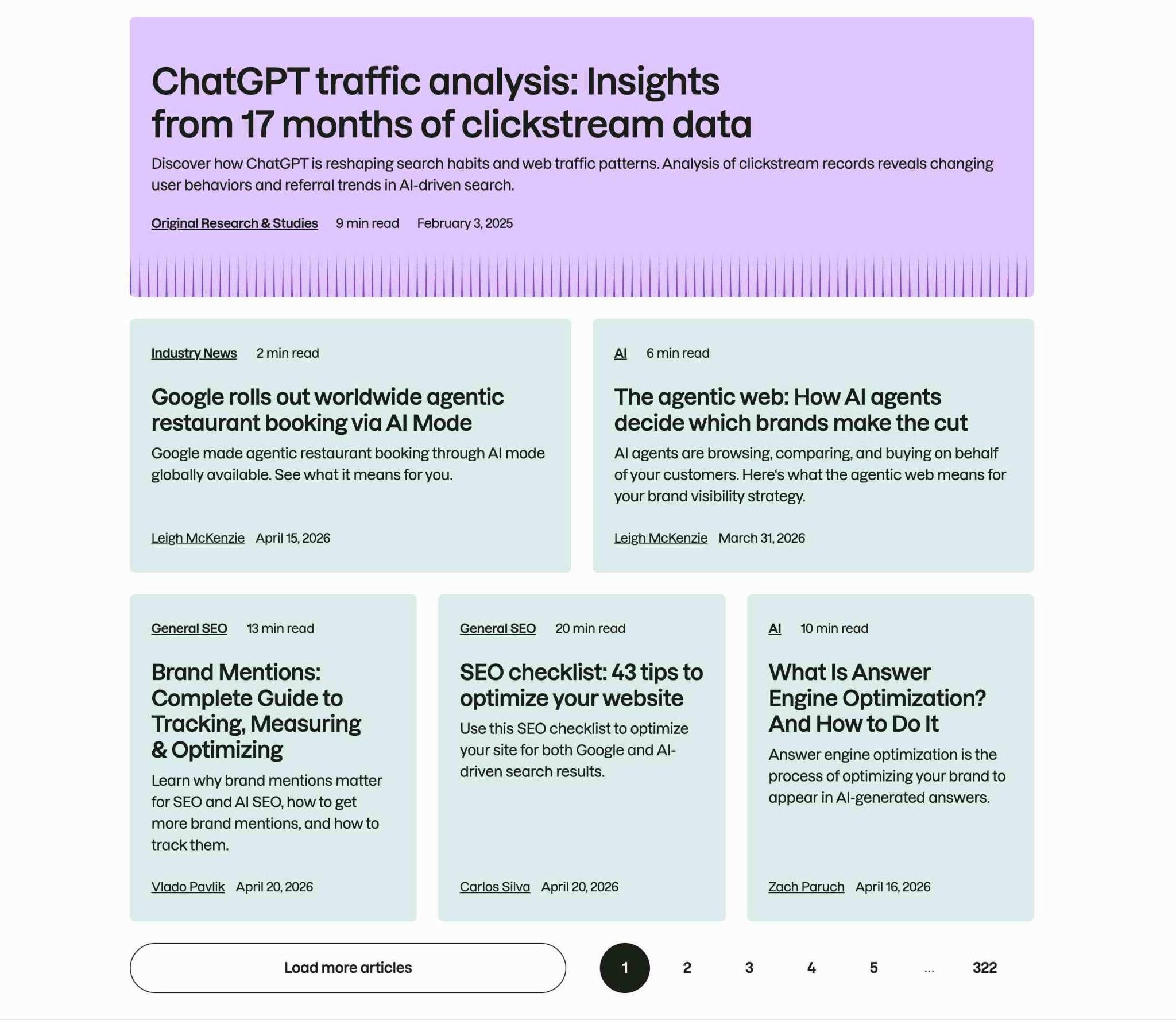 Semrush's main blog page showing all their most recently published articles.