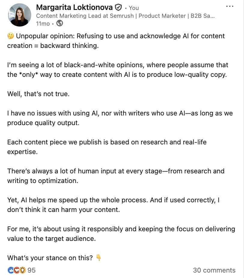 Thought leadership content example from Margarita Loktionova