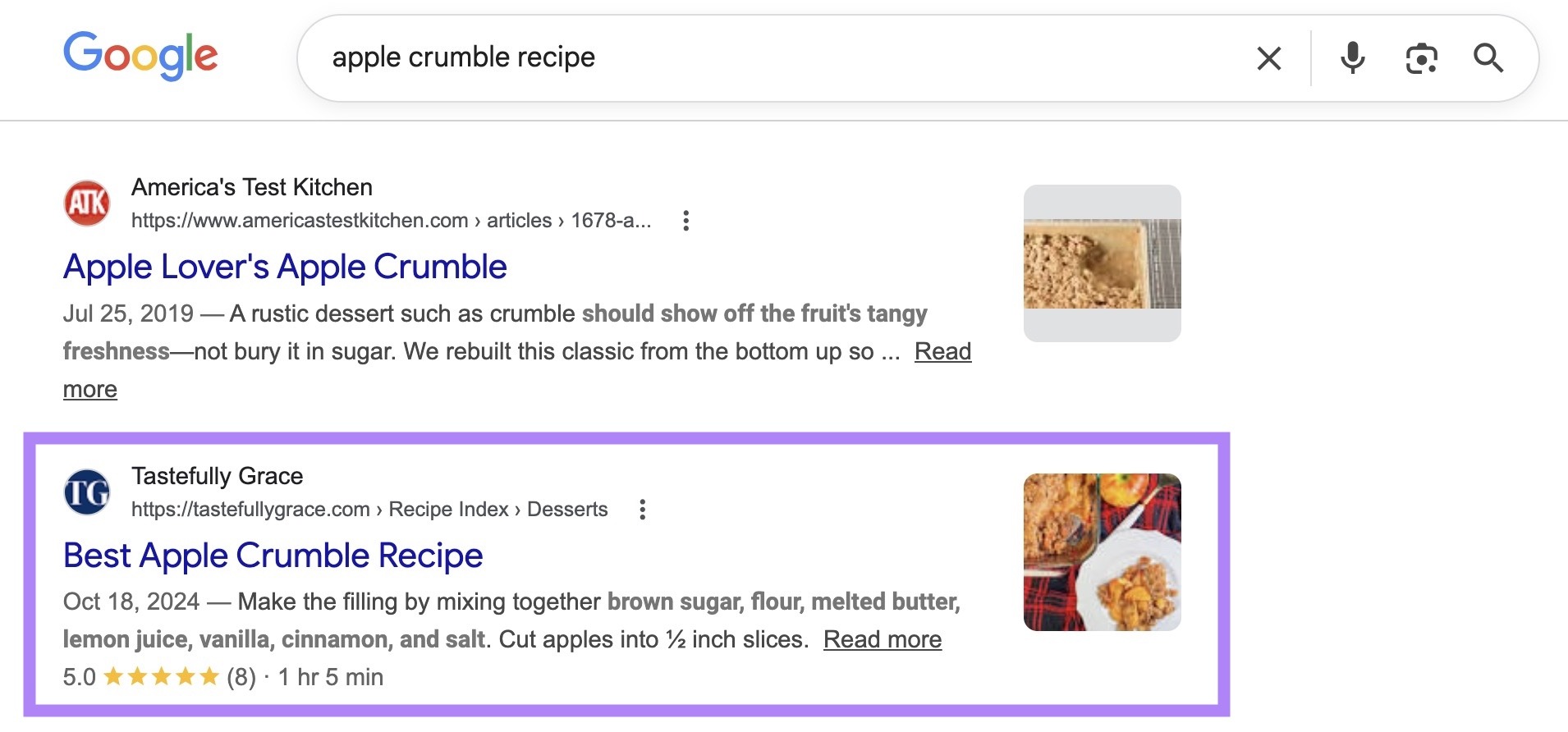 Google SERP for the term "apple crumble recipe" with the rich result listing highlighted.