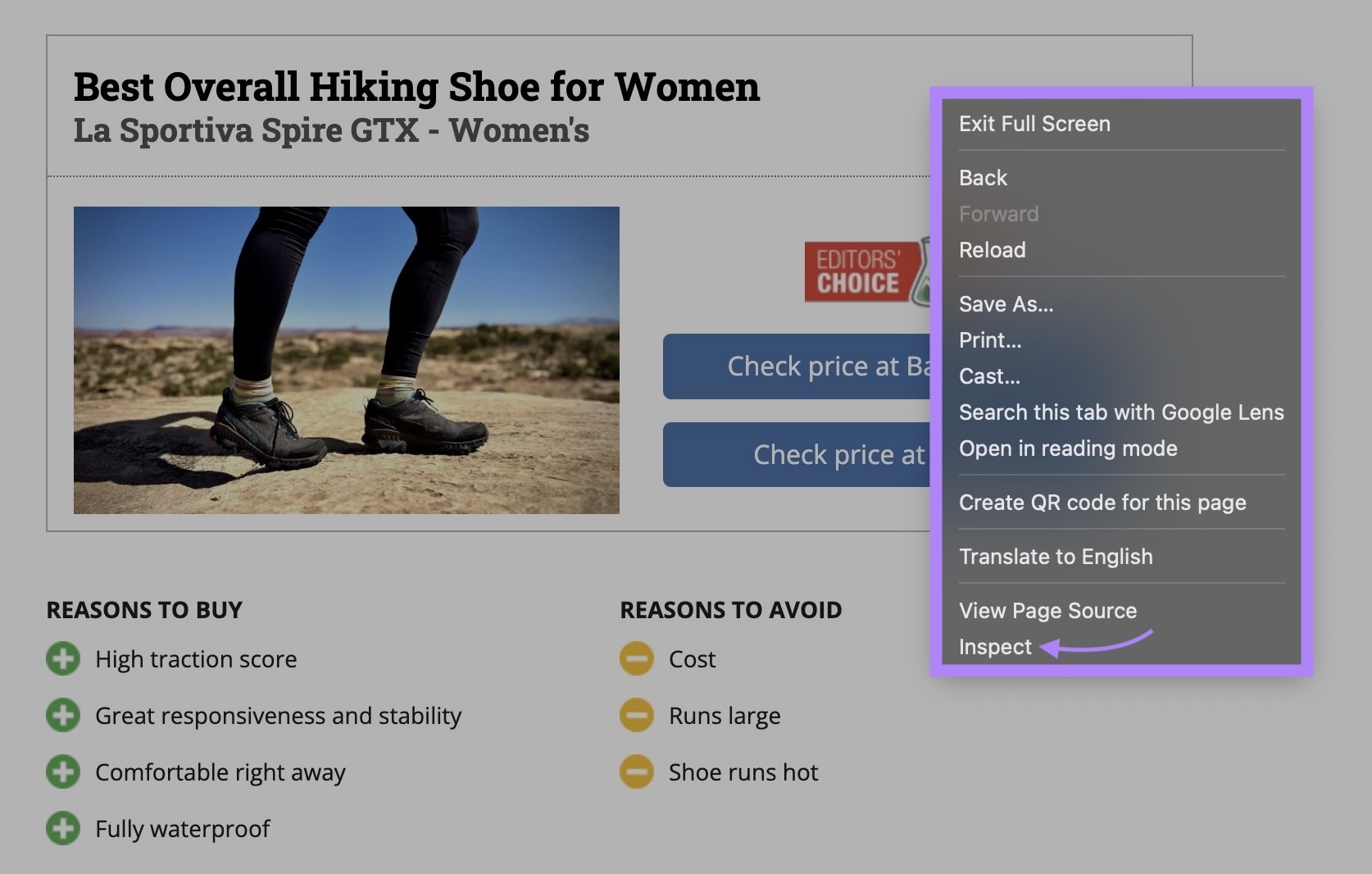 A webpage on Google Chrome right-clicked and "Inspect" selected from the list.