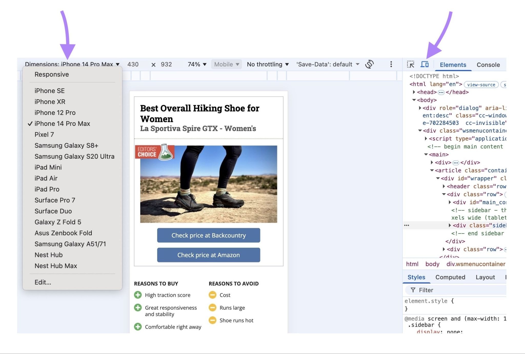 Chrome’s Developer Tools with the options to adjust the device-view highlighted.
