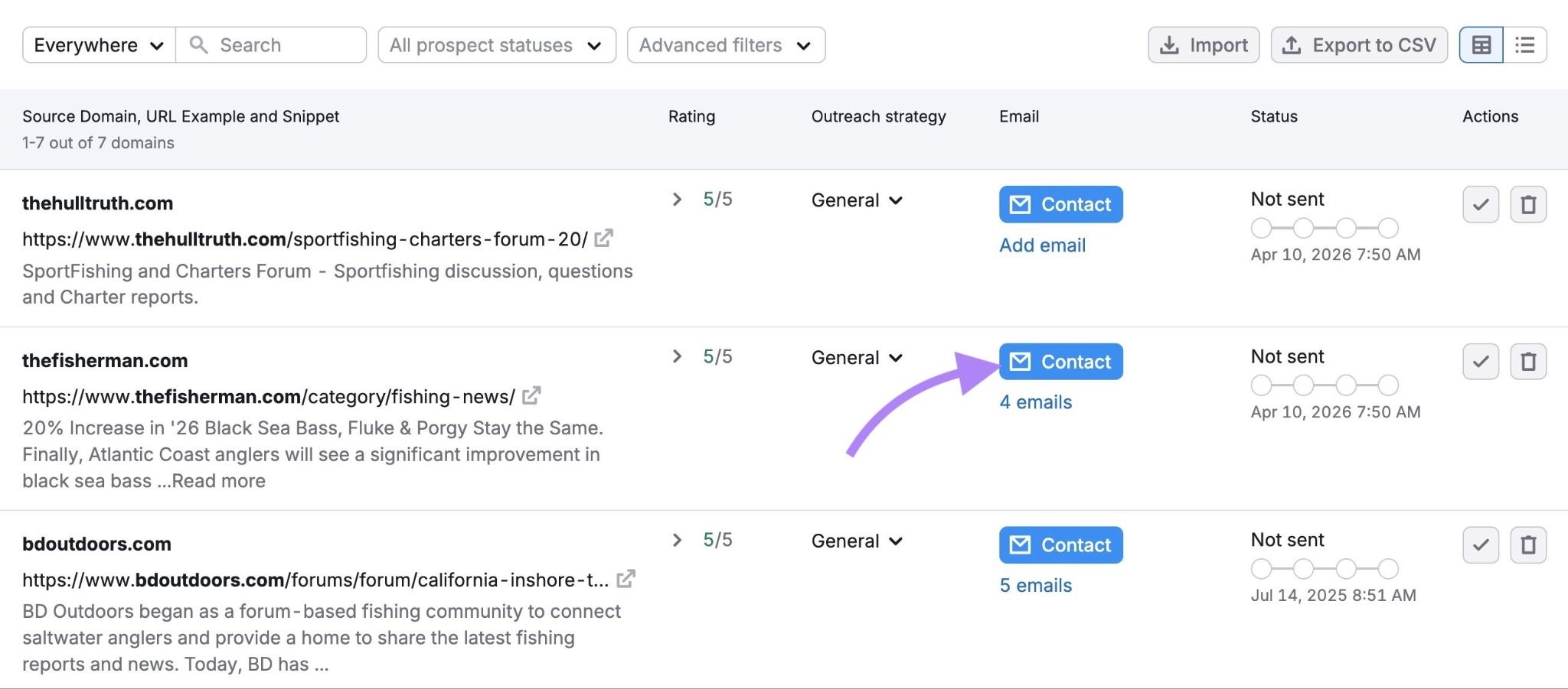 The "In Progress" tab of the Link Building tool with "Contact" next to a prospect clicked.