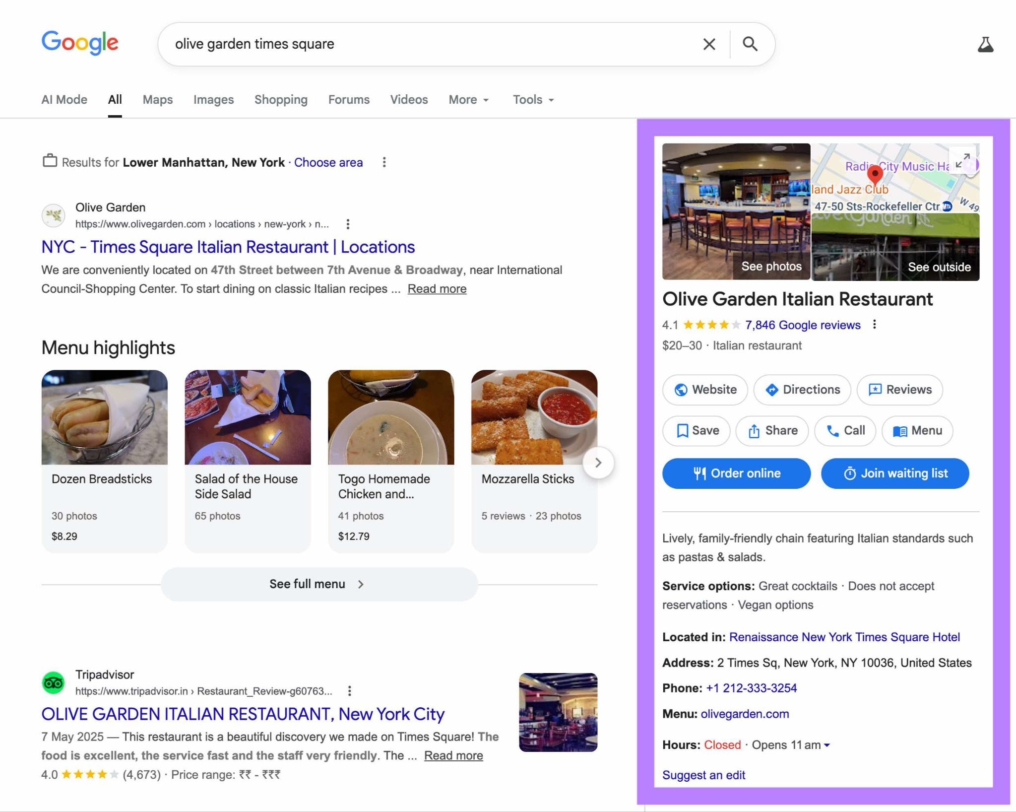 Google SERP for the term "olive garden times square" with the Google Business Profile highlighted.