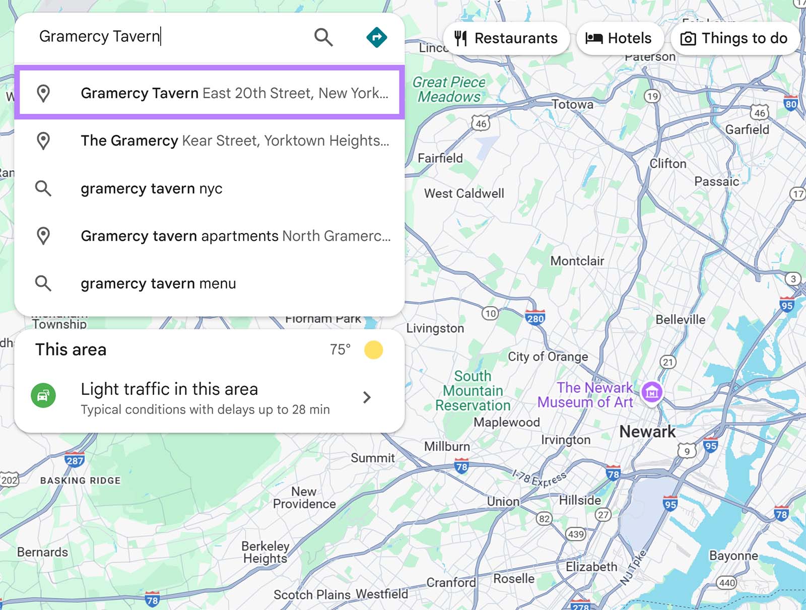Google Maps search for Gramercy Tavern with suggestions and map view showing nearby areas