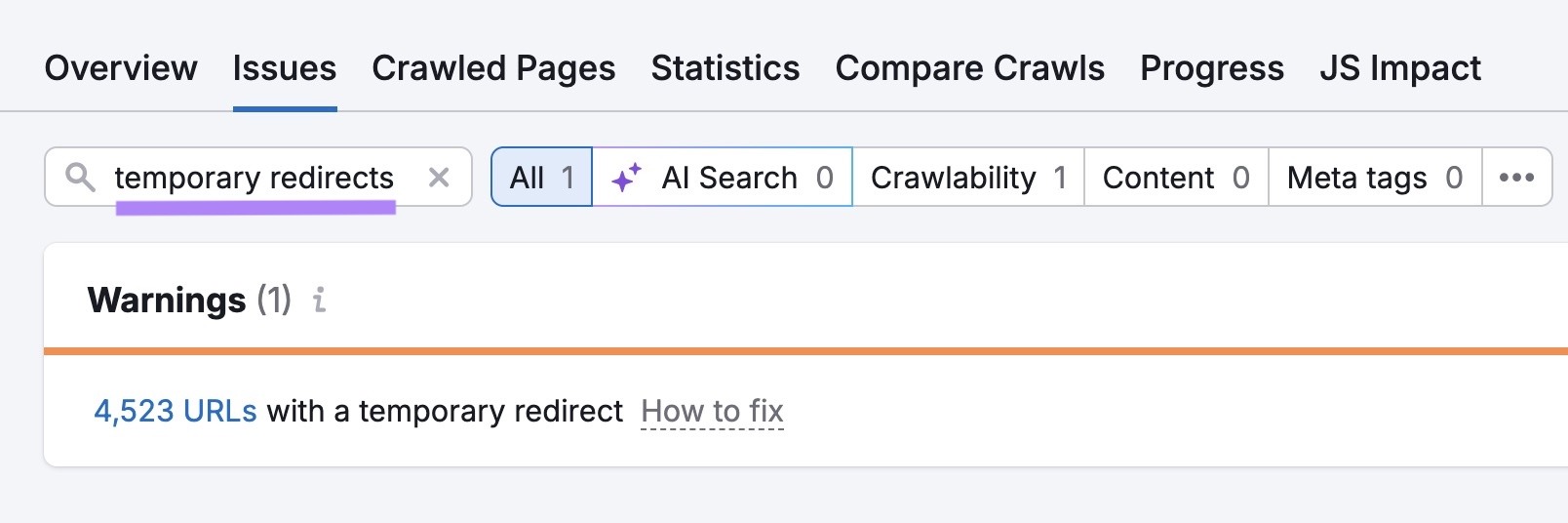 The "Issues" tab on Site Audit with "temporary redirects" entered showing a list of related warnings.