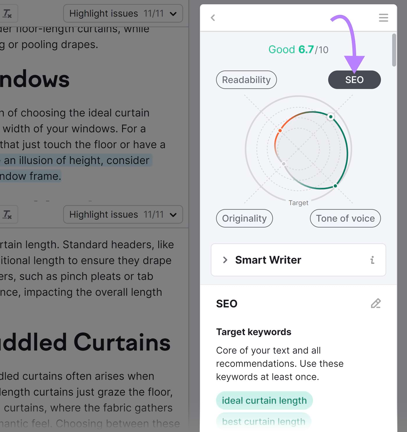 "SEO" button highlighted in SEO Writing Assistant