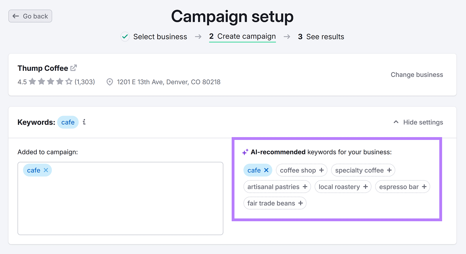 Campaign setup screen with keyword “cafe” and AI-recommended keyword tags shown.