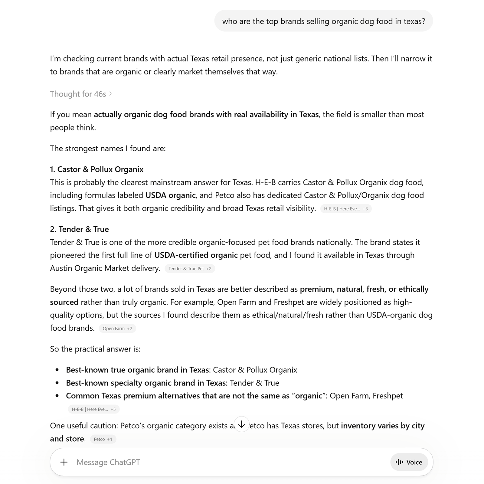 ChatGPT response listing organic dog food brands available in Texas with explanation and examples