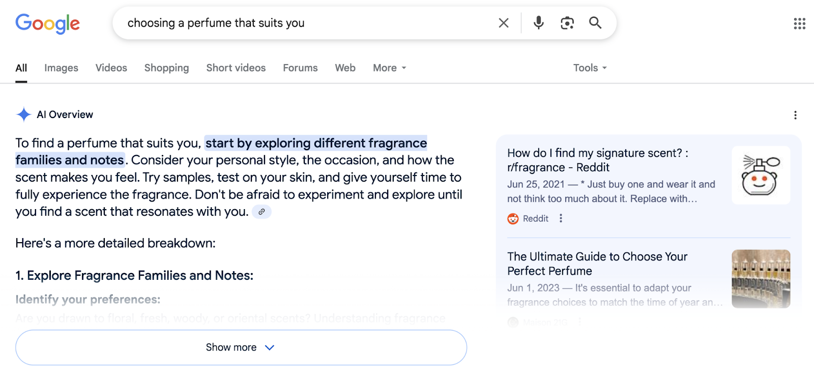 AI Overview is denoted by a diamond shape icon and include citations on the right-hand side.