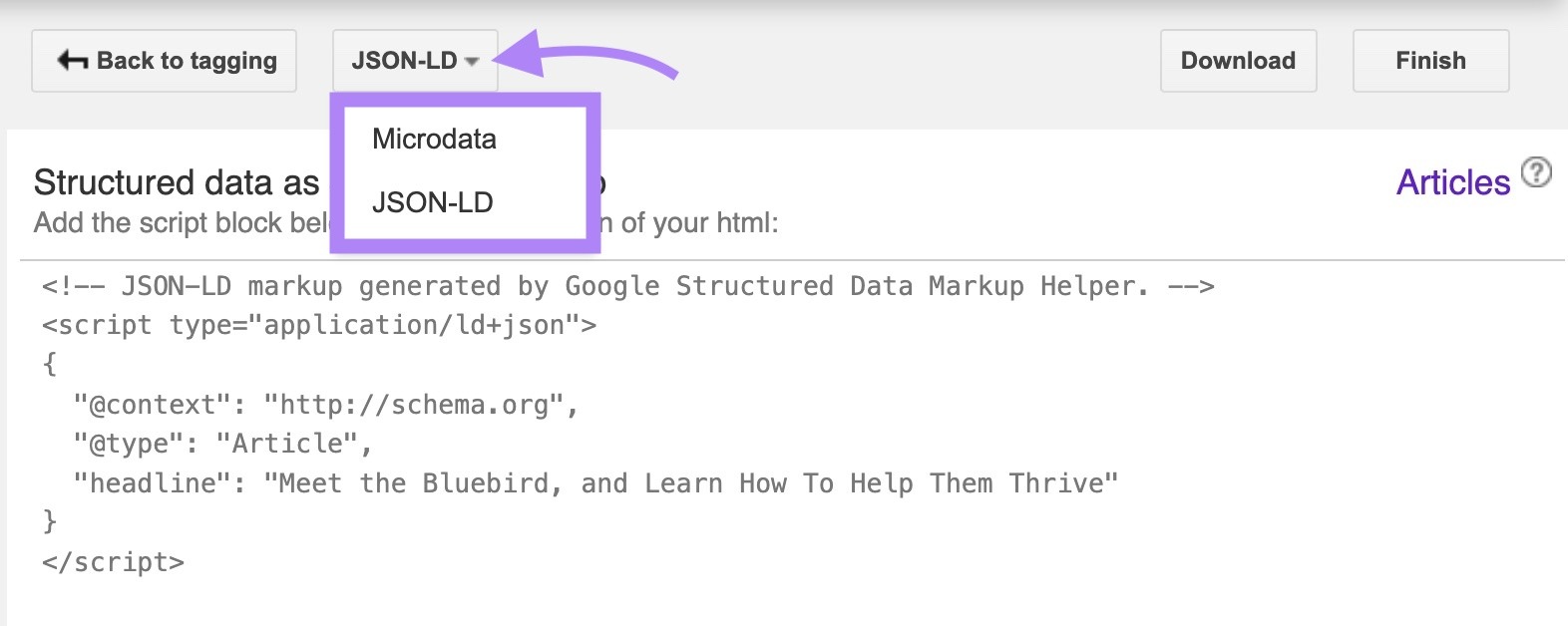 The dropdown to choose between JSON-LD or Microdata on the Structured Data Markup Helper.