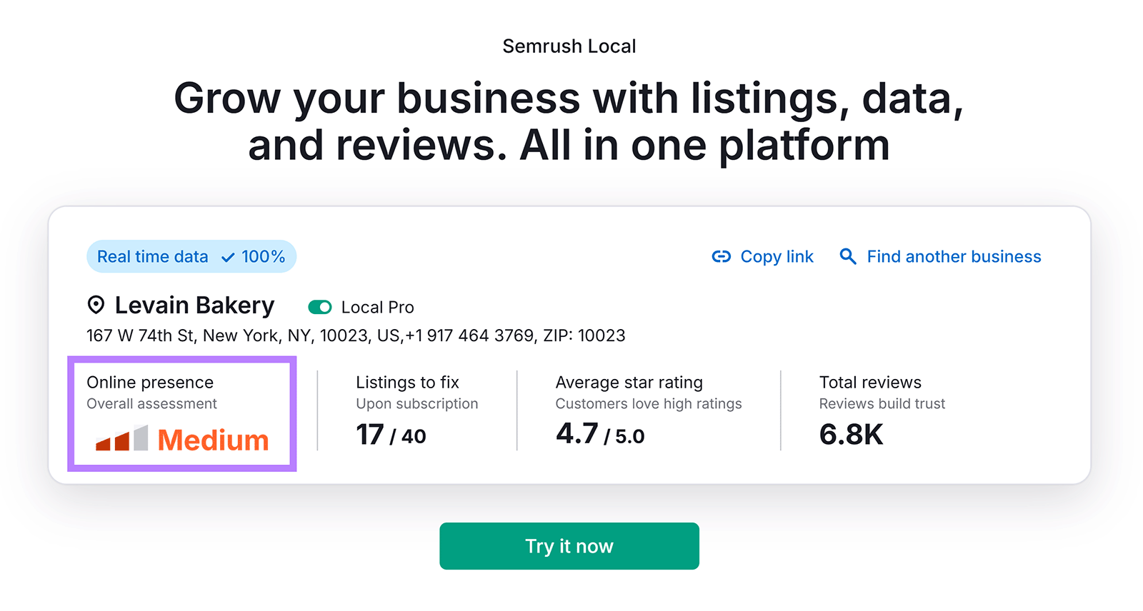 Semrush tool showing online presence score with rating details highlighted.