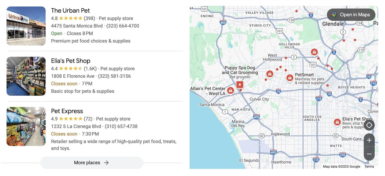 Google Local pack showing a list view of local results on the left and a map view on the right.