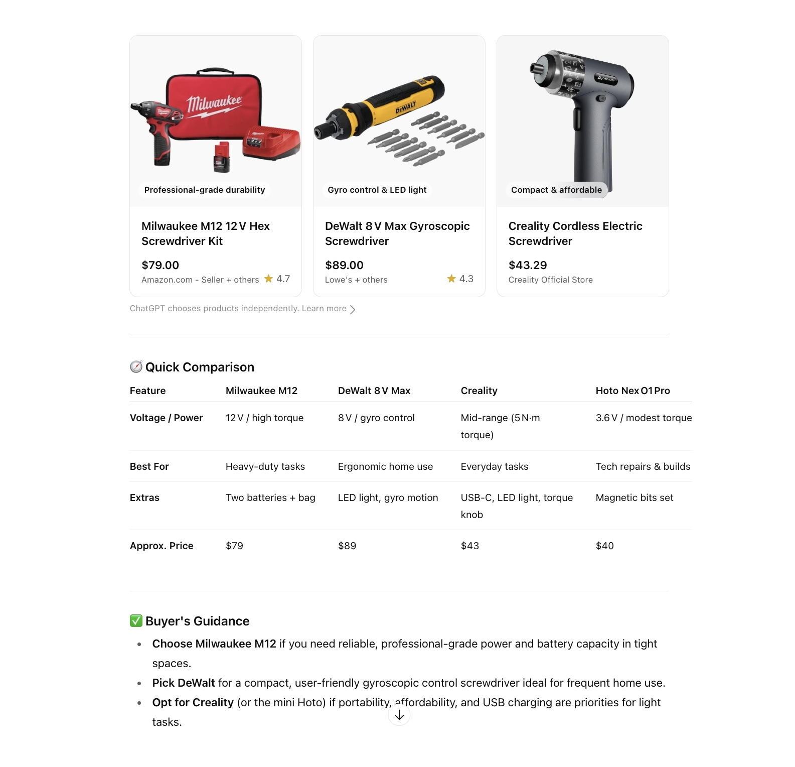A list of products, a comparison table, and a buyer's guidance section for "best cordless screwdriver under $100" on ChatGPT.