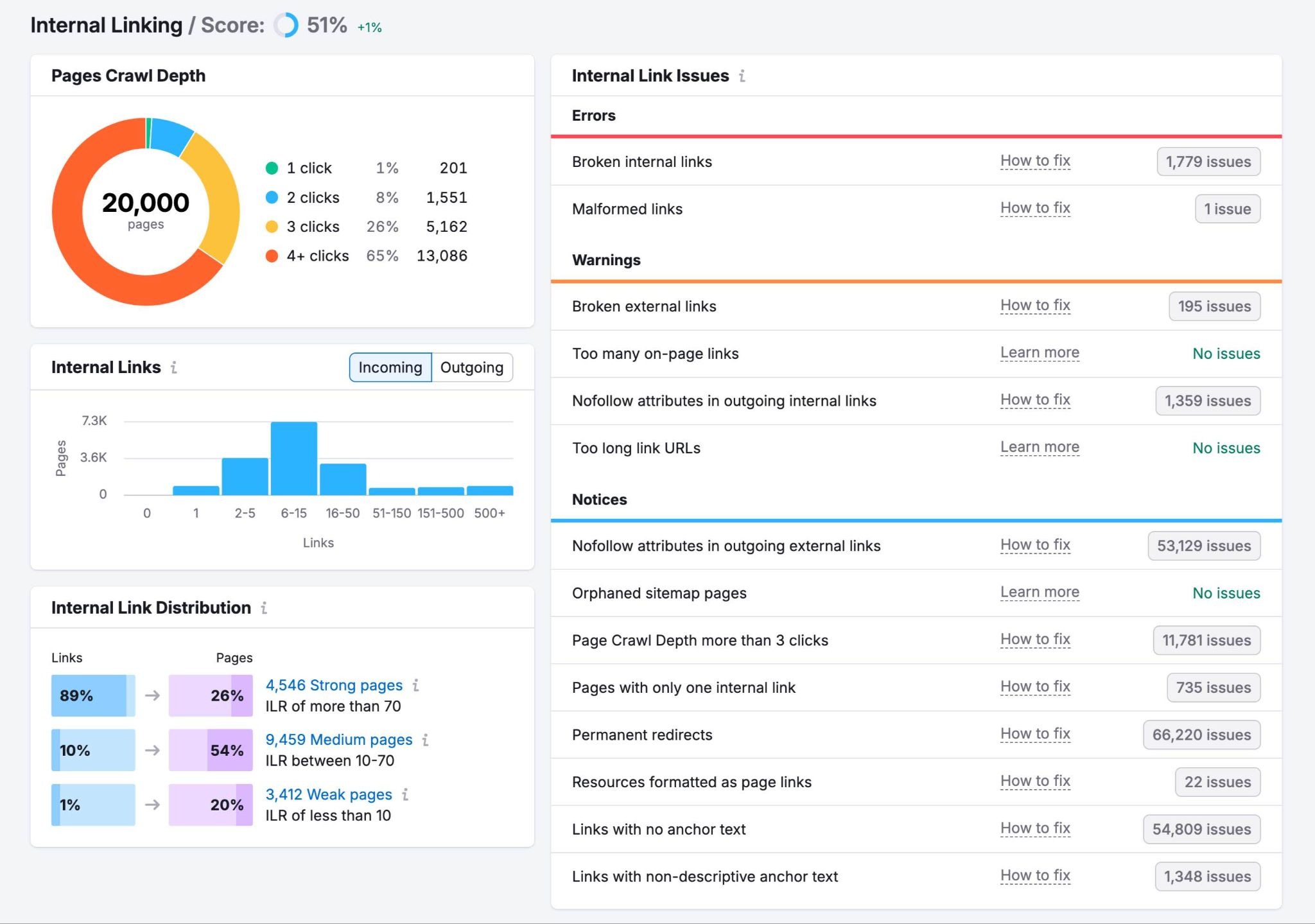 The Internal Linking report showing data like pages crawl depth, internal link distribution, and internal link issues.