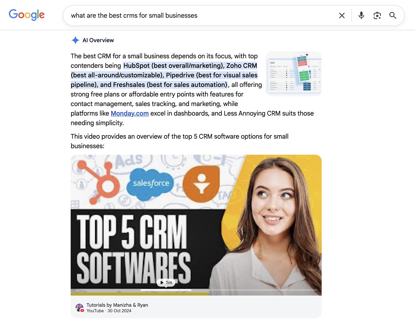 Google AI Overview answering “best CRMs for small businesses,” listing tools like HubSpot, Zoho CRM, and Pipedrive.