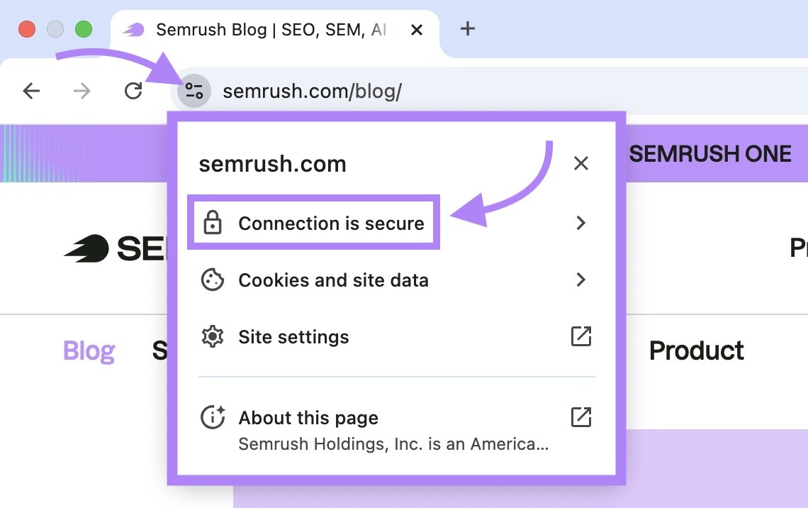 The browser security settings menu opened on Google chrome with the "Connection is secure" message highlighted.