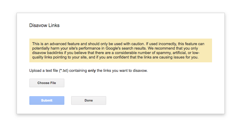 The window shows where to upload your file to disavow links. 