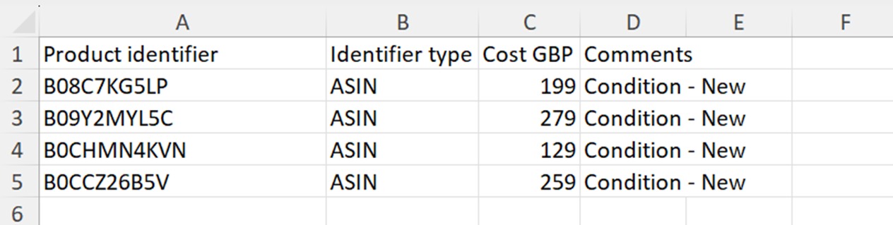 An example of a spreadsheet to use in the &lsquo;Multi Product Analysis&rsquo; feature of Product Research Pulse.
