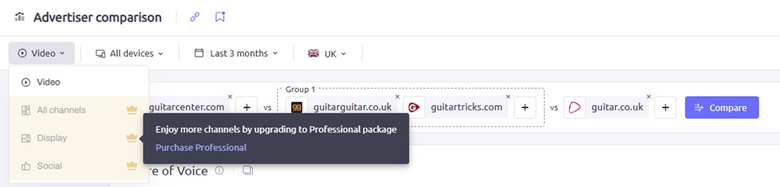 Selecting your channel(s) within each report in AdClarity &mdash; Advertising Intelligence