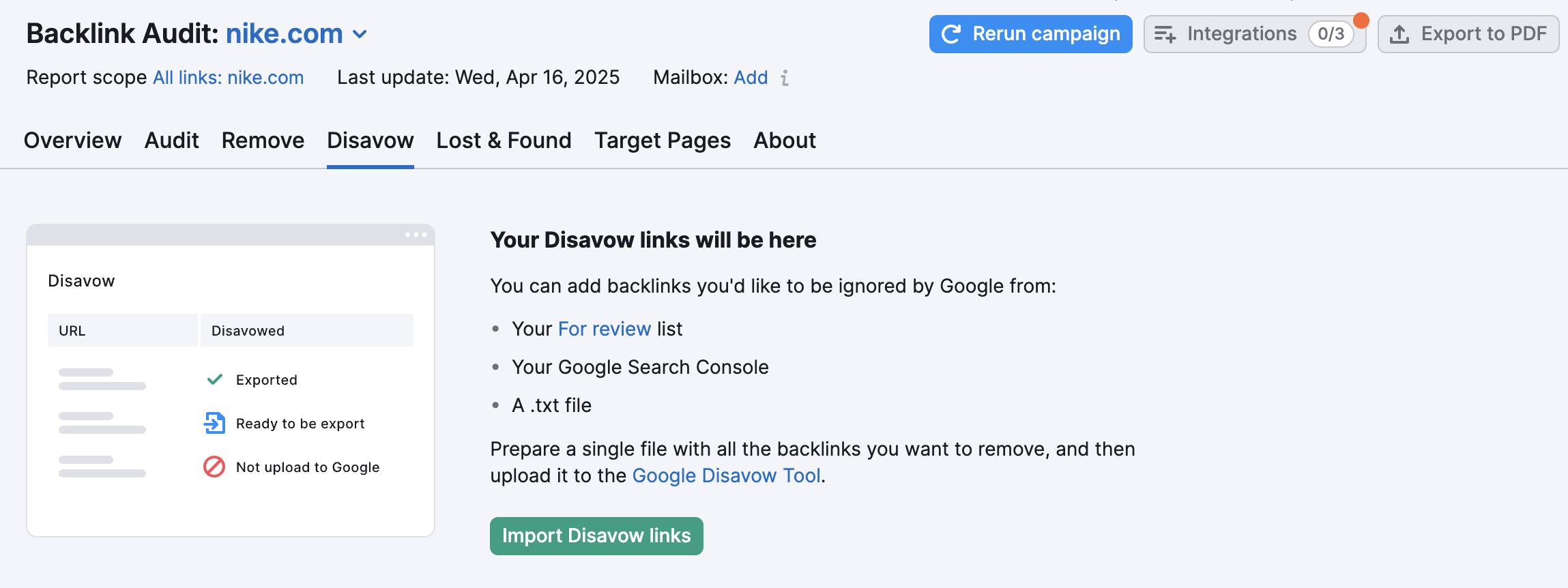 Example of the empty Disavow tab. 