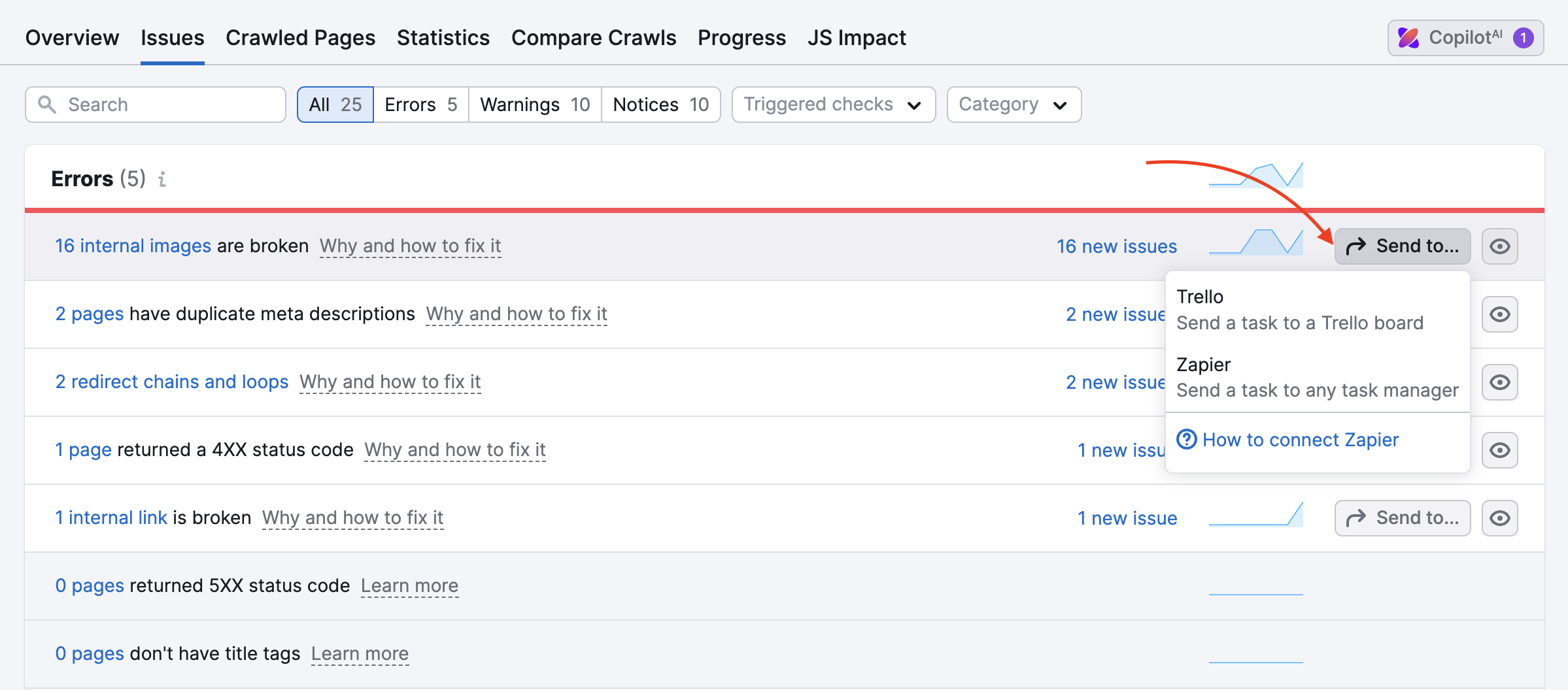 A red arrow points to the Send to button, which has opened a dropdown menu with two options: Trello (send a task to a Trello board) and Zapier (send a task to any task manager). A tooltip below the list advises: To send tasks, set up Zapier.