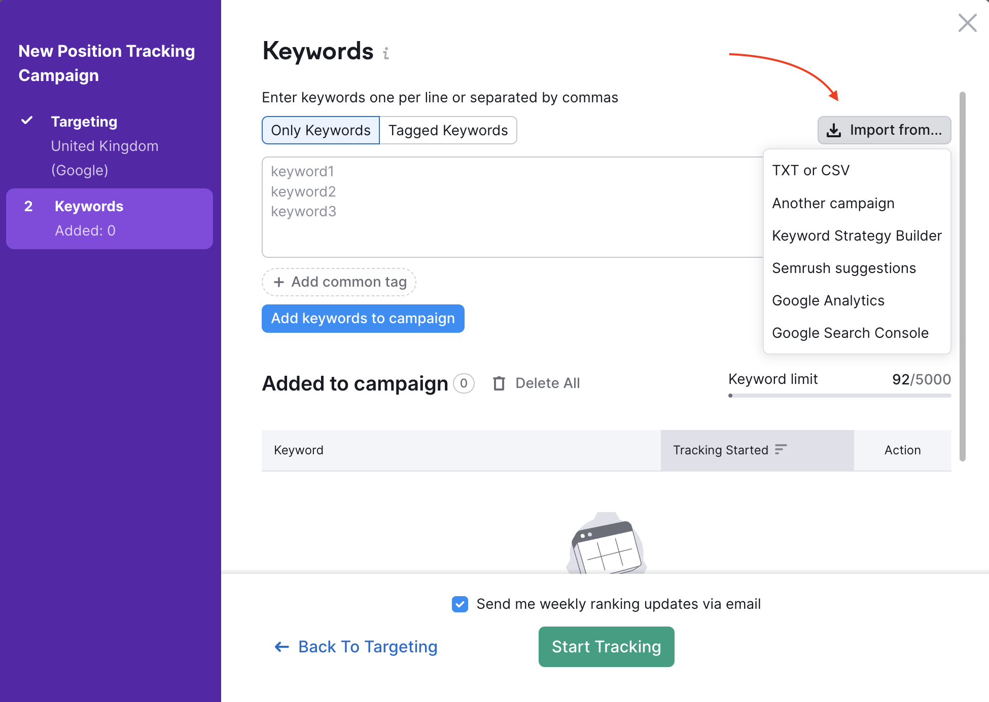 Step two of the Position Tracking setup process, showing a dropdown menu opened via the Import from button, indicated by a red arrow. The menu includes several import options.
