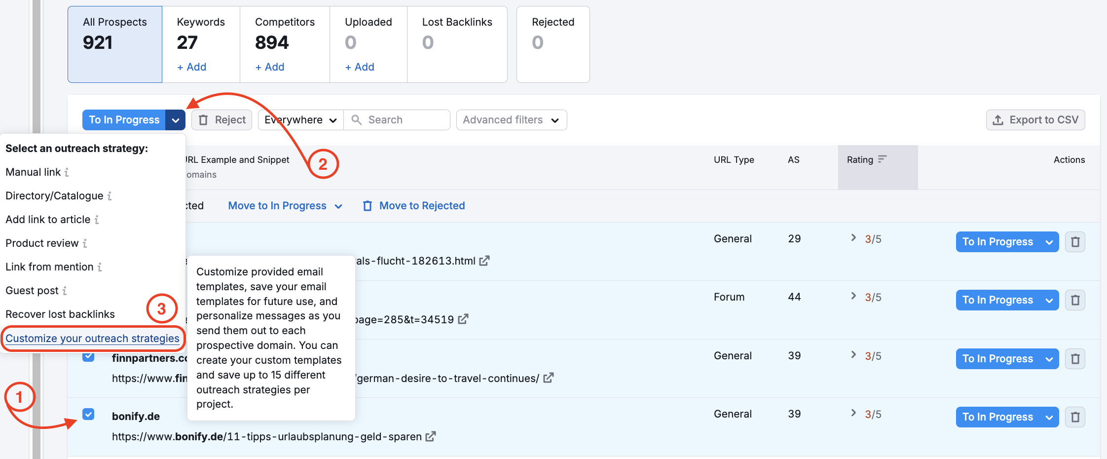 Link Building tool Prospects report displaying the menu for customizing outreach strategies and creating templates.