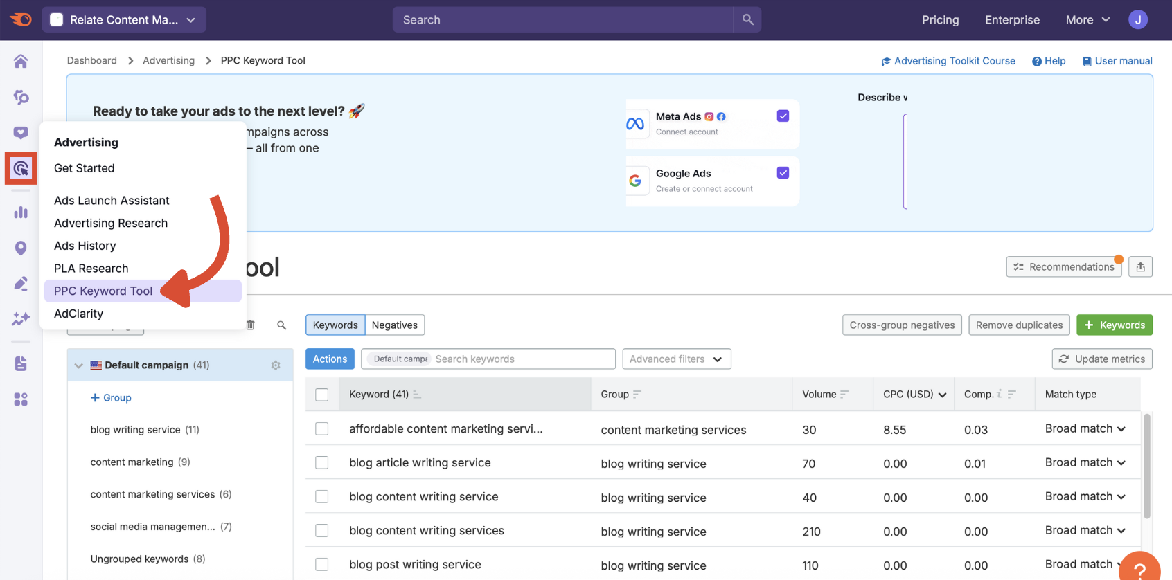 The PPC Keyword Tool option in the Advertising side menu drop-down.