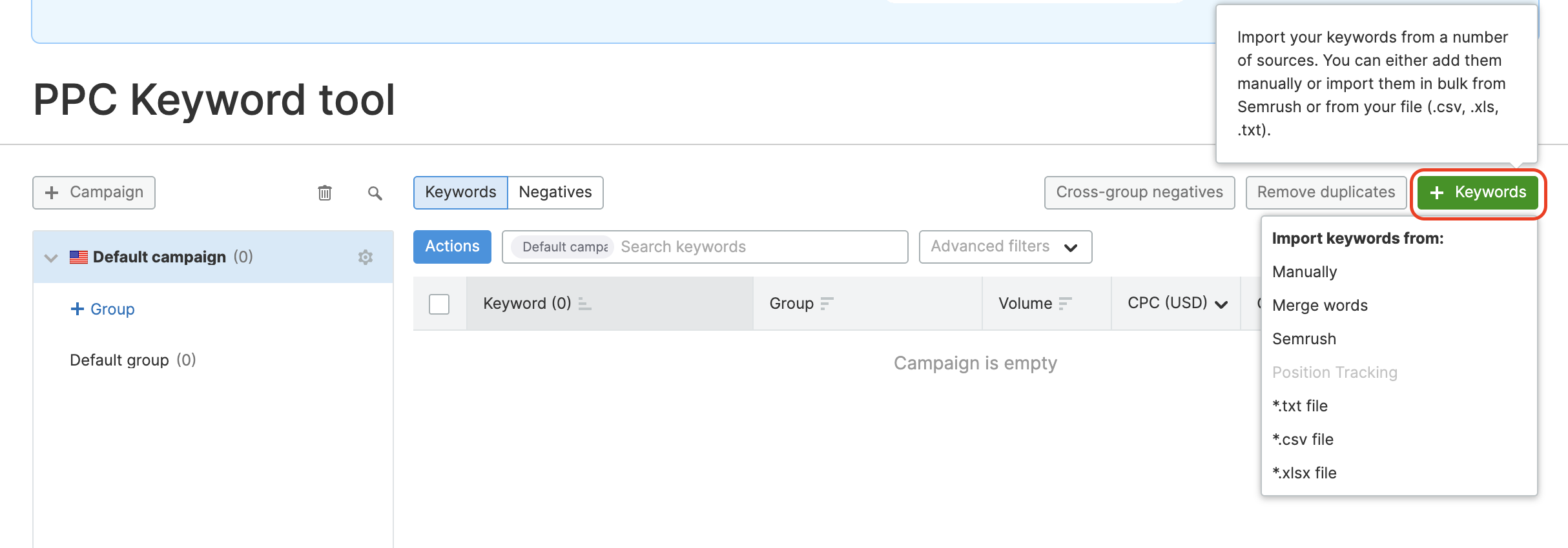 Keyword wizard button in the PPC Keyword Tool interface.