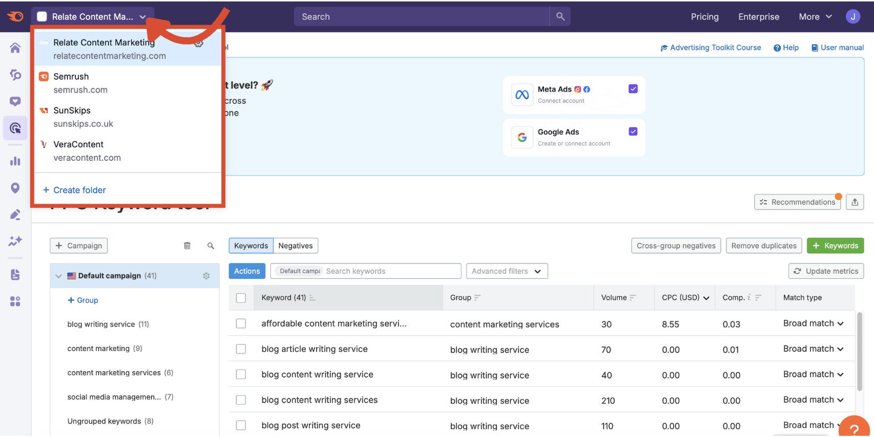 The folder selection drop-down in the PPC Keyword Tool.