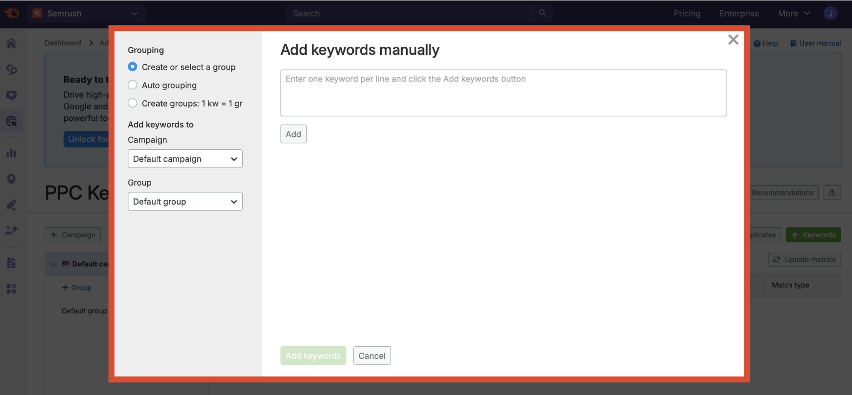 Manually adding keywords into the PPC Keyword Tool.