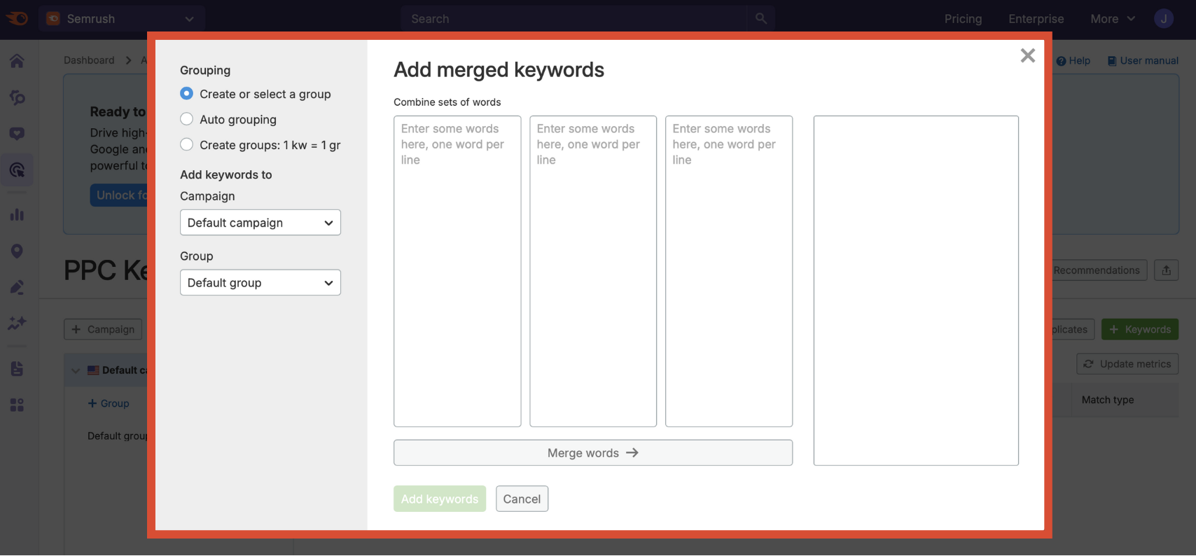 The screen to generate long-tail keywords from merged lists.