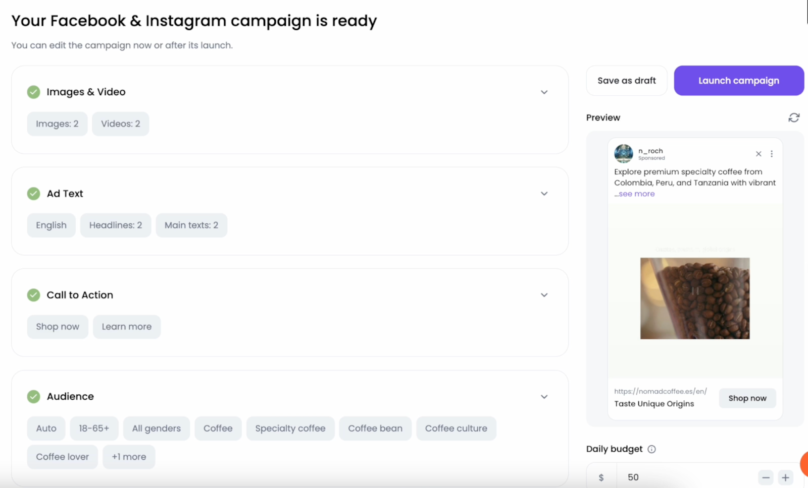 Meta campaign summary screen showing ad preview, budget, audience, and campaign details.
