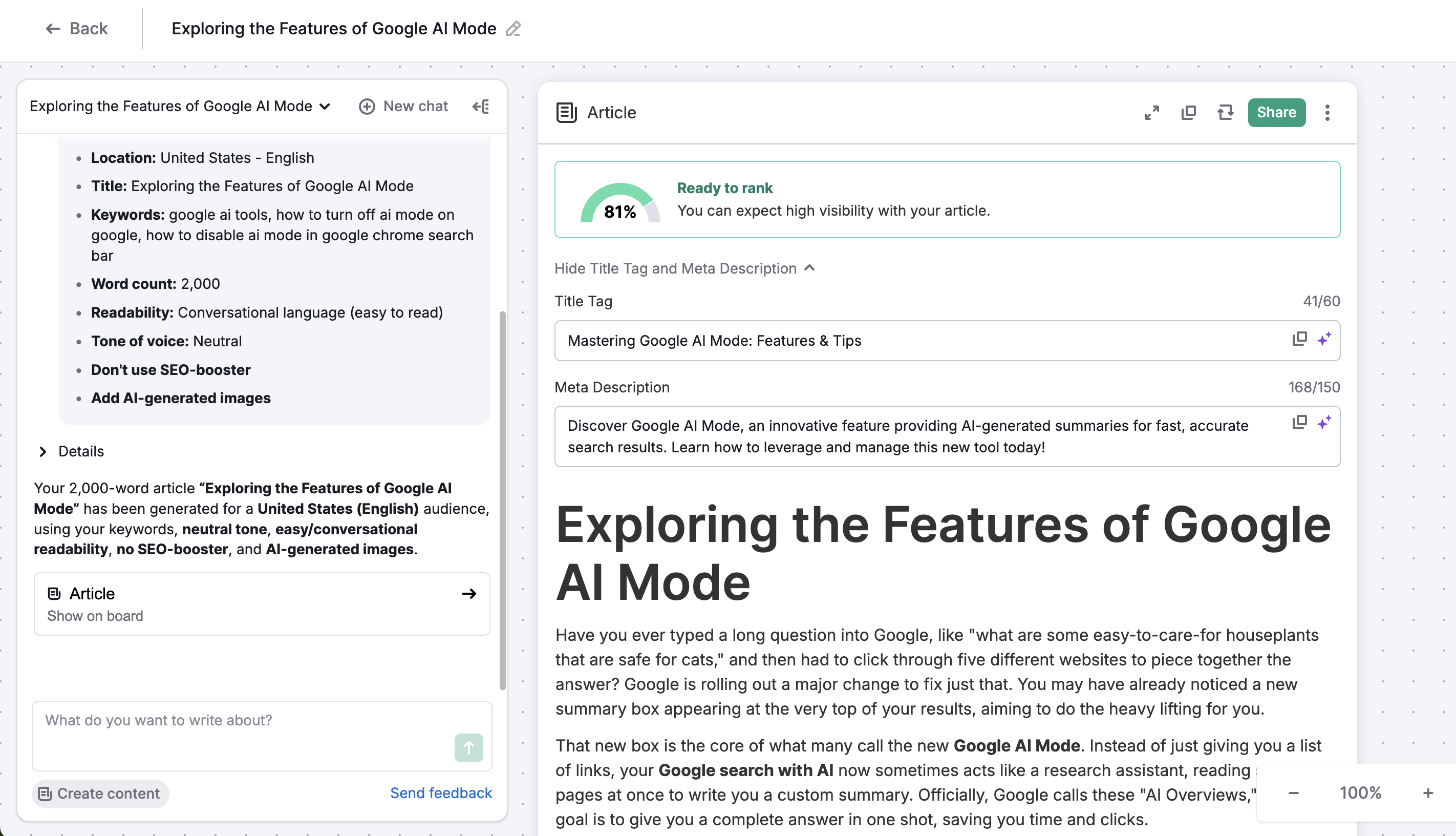 Chat and Board workspace showing Chat on the left and a content board with cards on the right.